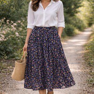 Banana Republic Factory Floral Print Pleated Flex Waist Lined Midi Skirt (SZ L)